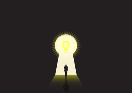 Business concept illustration of a businessman walking towards a bright key holeのイラスト素材