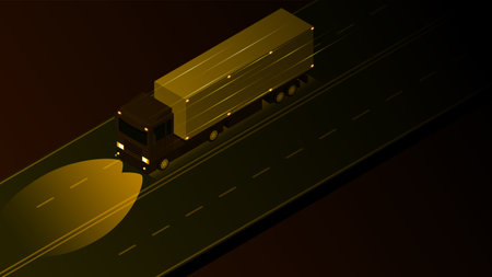 Isometric cargo truck drives over the highway at night. Vector illustrationの写真素材