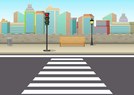 Crossroads with traffic lights and skyscrapers in the backgroundのイラスト素材