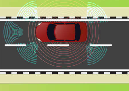 autonomous red car concept on road top viewのイラスト素材