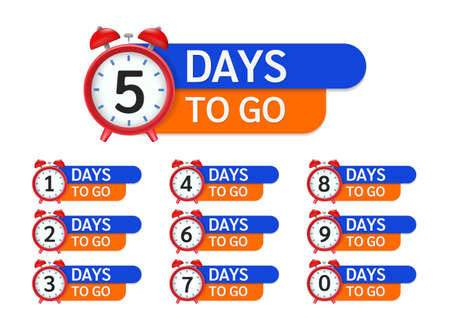 five days to go label set. red alarm clock