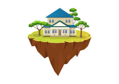 Vector illustration of flying island with house and trees.のイラスト素材