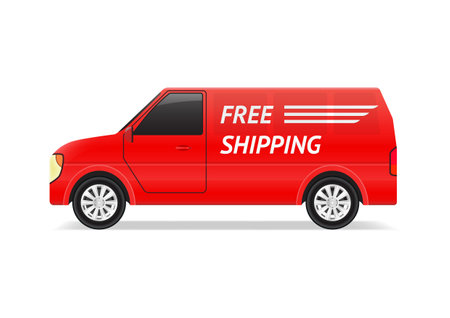 Red Van with text Free Shipping Isolated on White Backgroundのイラスト素材