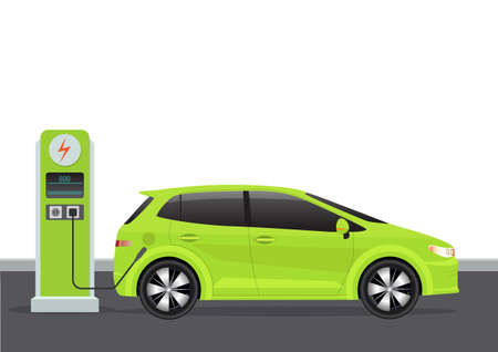 Green electric car at the charging stationのイラスト素材