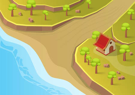 isometric coast village with house and treesのイラスト素材