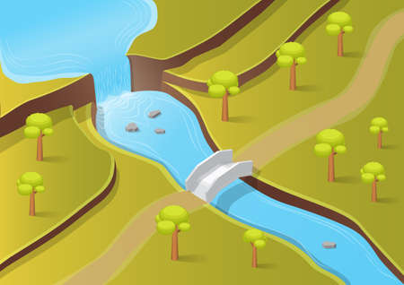 Isometric beautiful park with river and bridgeのイラスト素材
