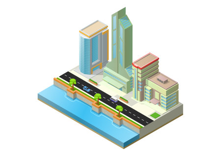 isometric modern skyscraper building in coast with highwayのイラスト素材