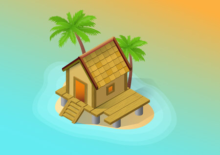 Illustration of an island with a wooden house and palm on a white backgroundのイラスト素材