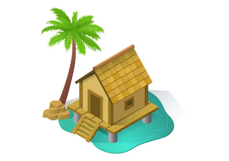 Illustration of a wooden house with palm on a white backgroundのイラスト素材