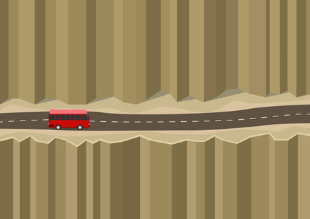 a car driving on a road on the edge of a rock mountain and ravineのイラスト素材