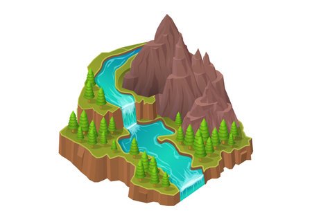 isometric mountain with river waterfall and pine forestのイラスト素材