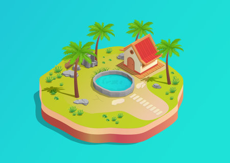 isometric park island with pool and cute houseのイラスト素材