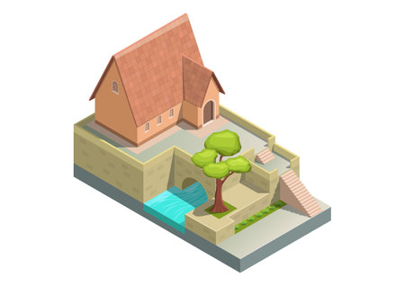 Isometric house with river and treeのイラスト素材
