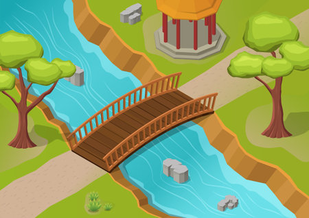 isometric river with wooden bridge across and parkのイラスト素材
