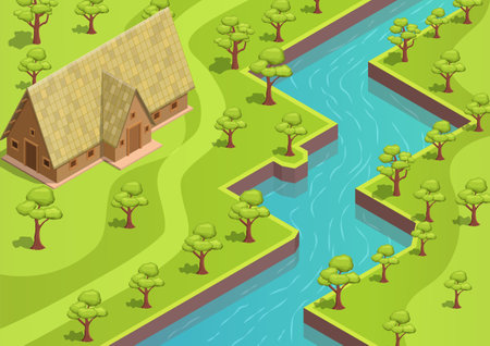 isometric park or forest with a flowing riverのイラスト素材