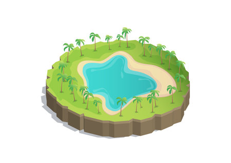 Isometric tropical island with lake and palmのイラスト素材