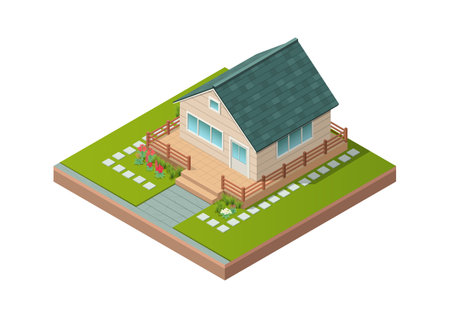 Isometric design of private house with park and gardenのイラスト素材