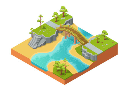 isometric beautiful nature river with bridge and roadのイラスト素材