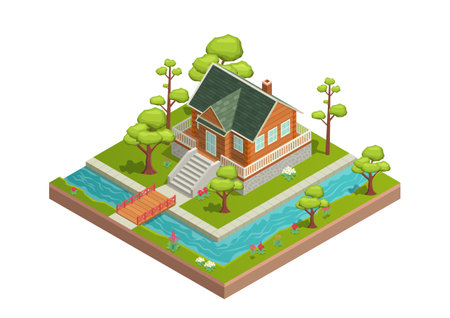 Isometric house with a beautiful river in frontのイラスト素材