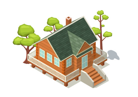 Isometric town wooden house with trees. Isolated on white backgroundのイラスト素材