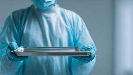Surgeon holding a tray in his hand, close-up.の素材