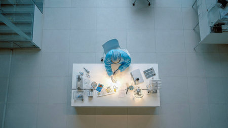 Interior of a modern hospital with surgery equipment and medical devices.の素材