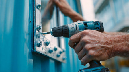 Close-up of a worker using a screwdriver to attach a doorの素材