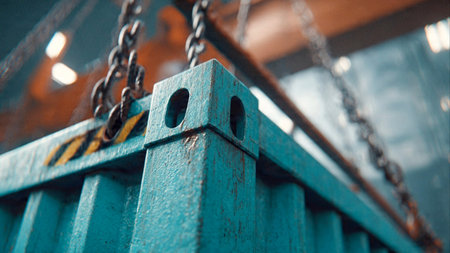 Close up view of a metal container with chain. Industrial background.の素材