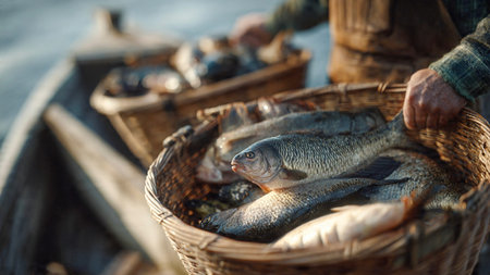 Fisherman with fresh fish in a basket on a fishing boatの素材
