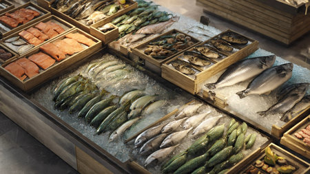 Variety of fresh fish on display at fish market in Istanbul, Turkeyの素材