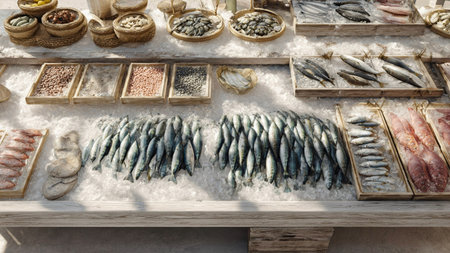 Variety of fresh fish on ice in fish market, top viewの素材