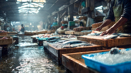 Fisherman selling fresh fish at the fish market in Vietnam.の素材