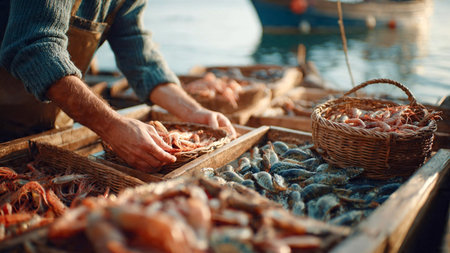 Fisherman at work. Close-up of the hands of a fisherman with a basket of fresh fish.の素材