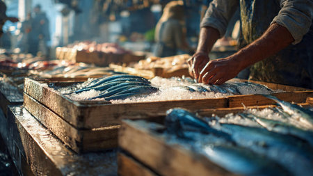 Fisherman preparing fresh fish for sale at the fish market.の素材