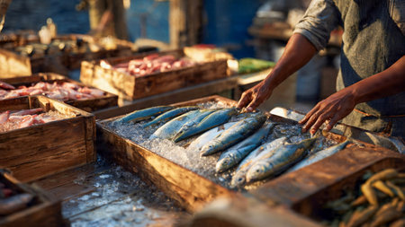 Fresh fish in wooden boxes at the fish market in Hurghada, Egyptの素材
