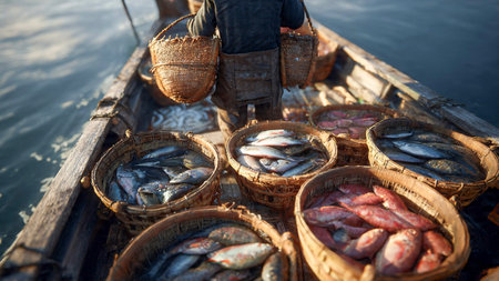 Fisherman in a boat with freshly caught fish in a basketの素材