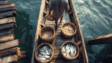 Vietnamese fisherman in a boat with catch of fish in Vietnamの素材