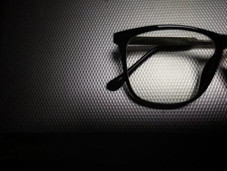 Glasses on a black background. View from above. Selective focus.の写真素材