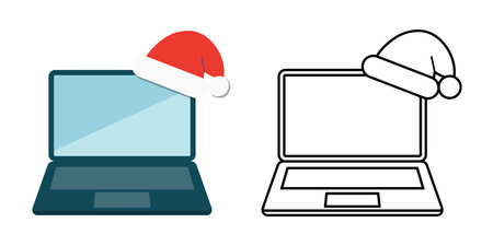Laptop with Santa hat icon featuring an open laptop and festive hat on corner. Great for holiday work themes, christmas office mood, and digital celebration design.のイラスト素材