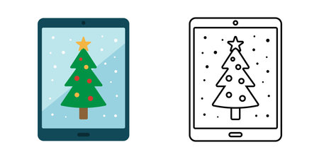 Tablet festive wallpaper icon with Christmas tree and snow on screen. Perfect for digital holiday themes, christmas backgrounds, and festive technology designs.のイラスト素材