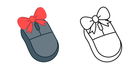 Wireless mouse with bow icon featuring a sleek mouse topped with a festive ribbon. Great for digital gift themes, office celebrations, and Christmas technology design.のイラスト素材