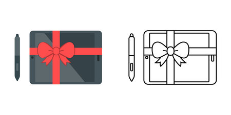 Digital drawing tablet gift icon showing a stylus with wrapped tablet. Perfect for creative holiday themes, artist presents, and digital art celebration designs.のイラスト素材