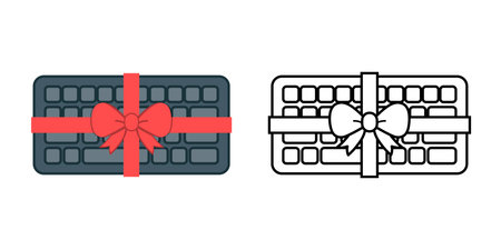 Keyboard wrapped in ribbon icon featuring a tied bow across the keys. Perfect for digital gift themes, office celebration, and festive workspace designs.のイラスト素材