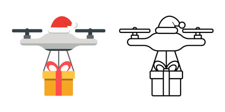 Drone delivering gift box icon showing a quadcopter carrying a small present. Great for modern delivery themes, holiday logistics, and festive technology concepts.のイラスト素材