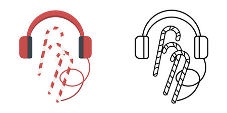 Headphones with candy cane icon showing festive red and white cable. Perfect for holiday music themes, digital listening, and Christmas tech lifestyle designs.のイラスト素材