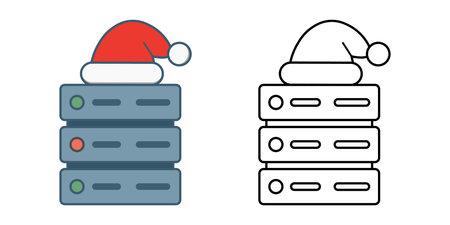 Server stack with Santa hat icon showing three server blocks topped with a festive hat. Great for Christmas technology, network infrastructure, and holiday data system themes.のイラスト素材