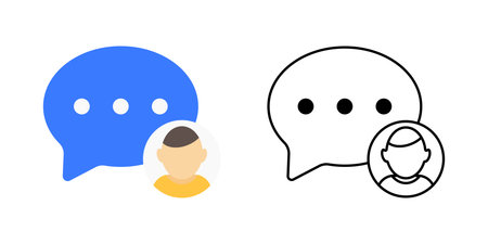 Typing partner icon showing chat bubble with typing dots and small avatar. Great for online messaging, ai communication, and interactive conversation design.のイラスト素材