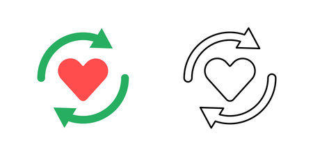 Feedback loop heart icon showing circular arrows around a heart symbol. Perfect for ethical AI improvement, user empathy design, and positive feedback systems.のイラスト素材