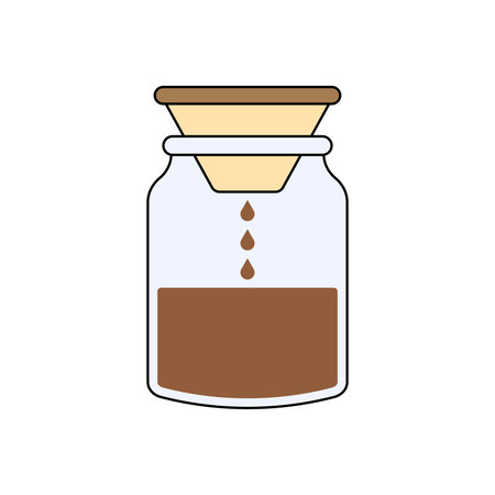 Jar coffee brew illustration. Glass jar with slow drip dots and filter lid. Slow brew container icon. Coffee jar drip device. Minimal cold brew equipment graphic.のイラスト素材