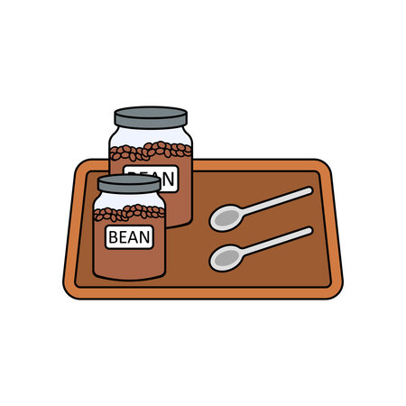 Mini bean station illustration. Wooden tray with labeled jars. Coffee beans stored in small containers. Two tasting spoons included. Simple countertop setup.のイラスト素材